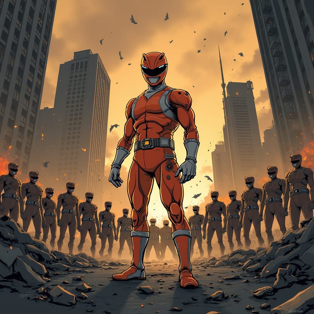 Orange Power Ranger Defies Putties in Ruined City