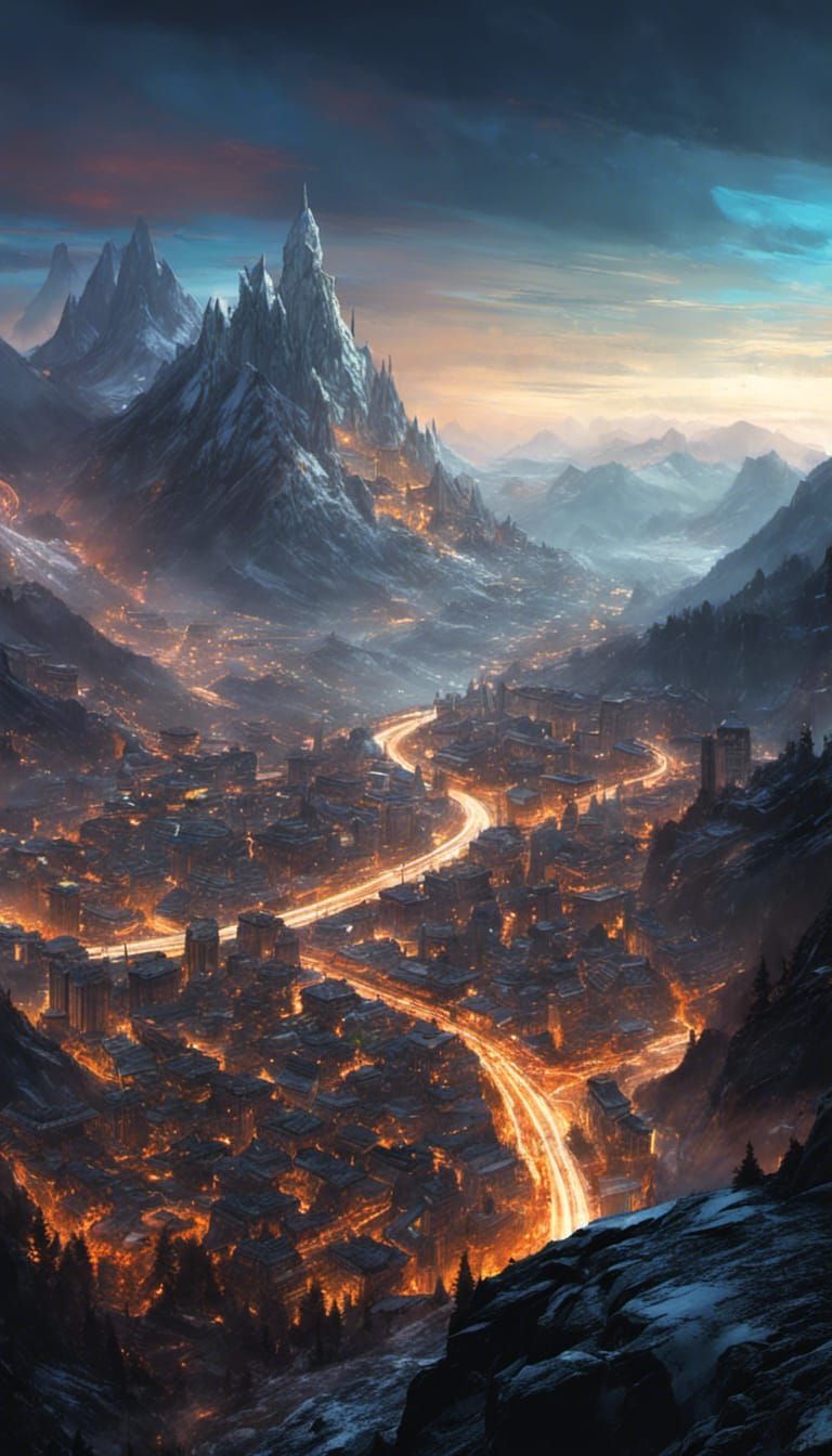 City on High Altitude Bridge in Anime Style