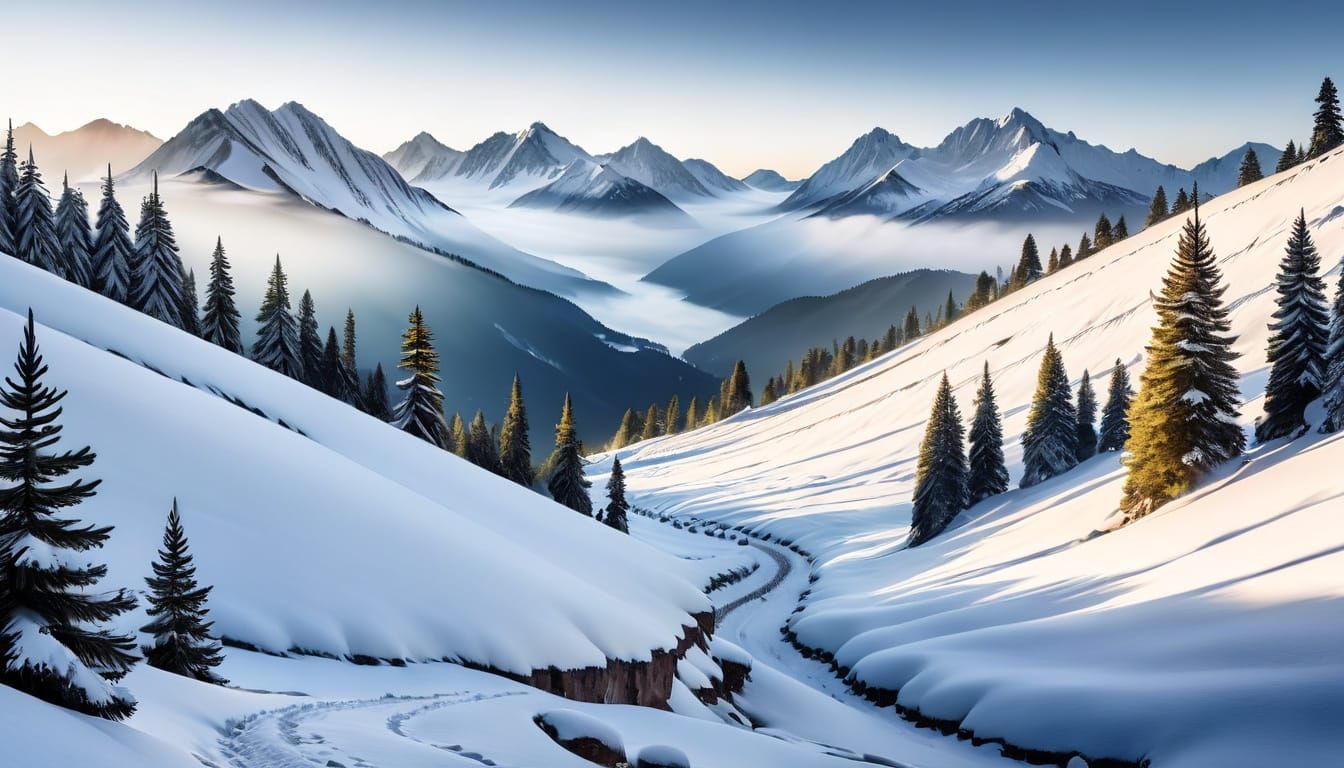 Snowy Alpine Peaks at Dawn with Winding Path