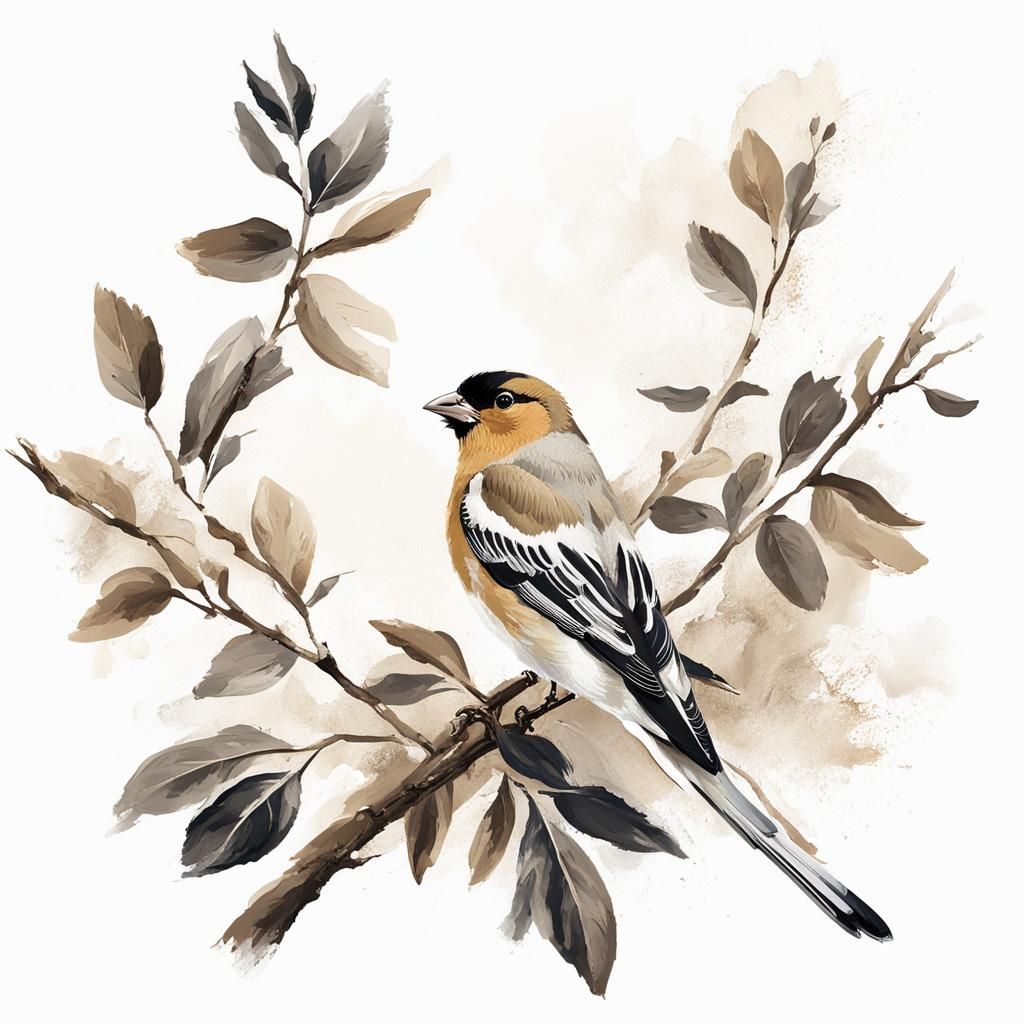English Finch on Branch: Sepia Impasto Oil Painting
