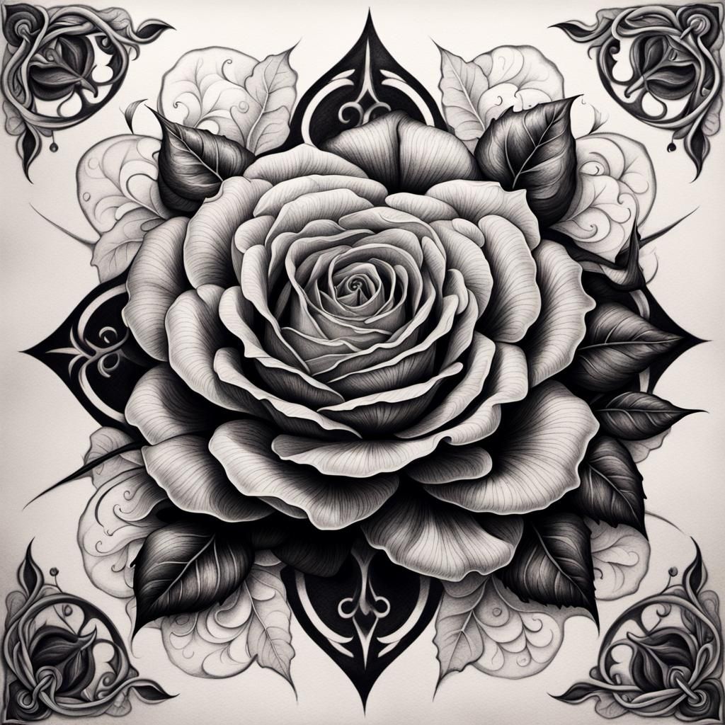 Black and white ink tattoo drawing of a beautiful gothic ros...