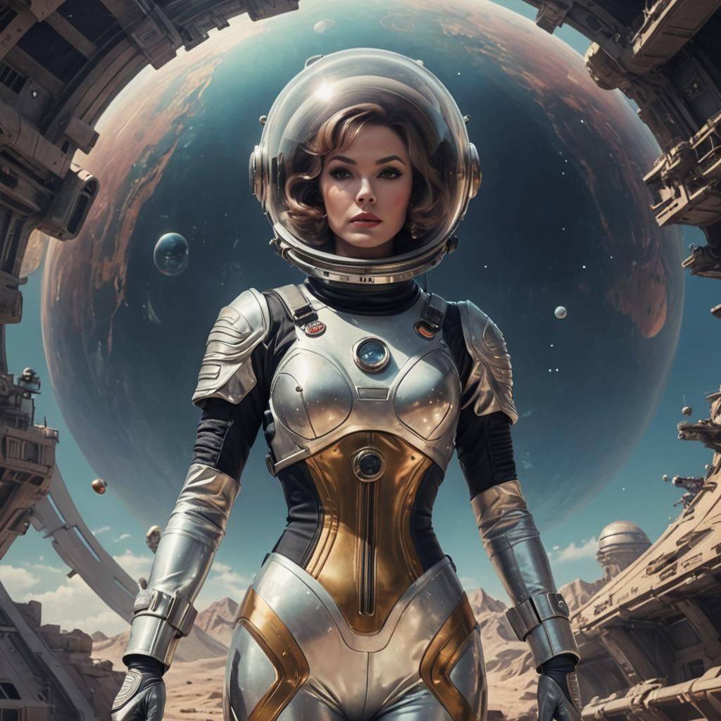 Retro Sci-Fi Space Woman in Futuristic Cityscape