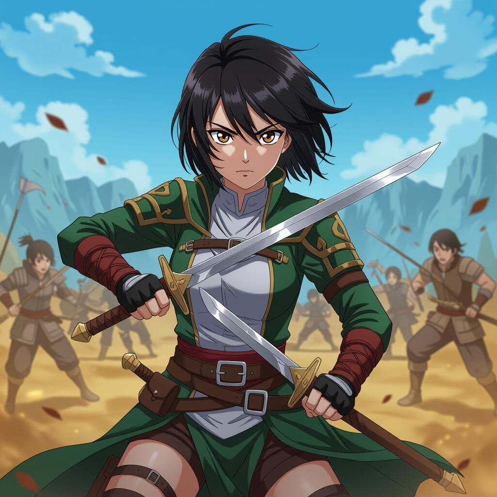 Anime Warrior Wielding Daggers on Battlefield