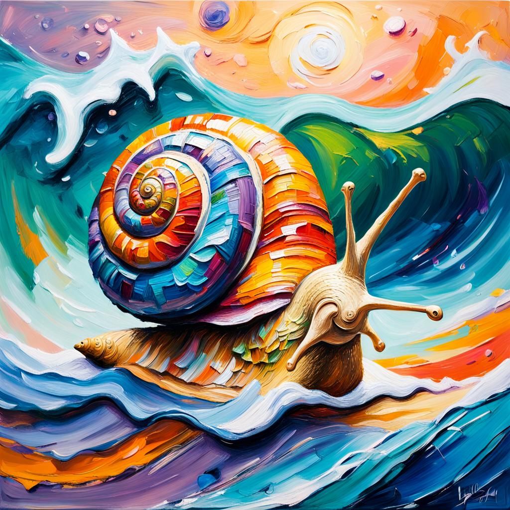 breathtaking tactile texture impasto painting with rough, smooth, bumpy and scratchy surface of an abstract snail with b...