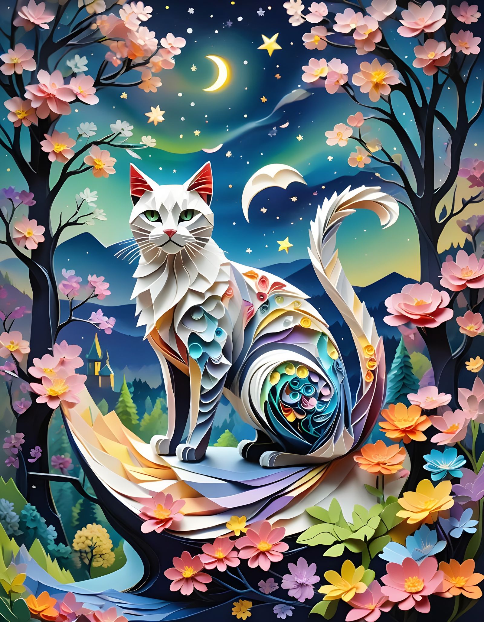 Origami Art Cat Overlooks Czech-Kulunlov Landscape