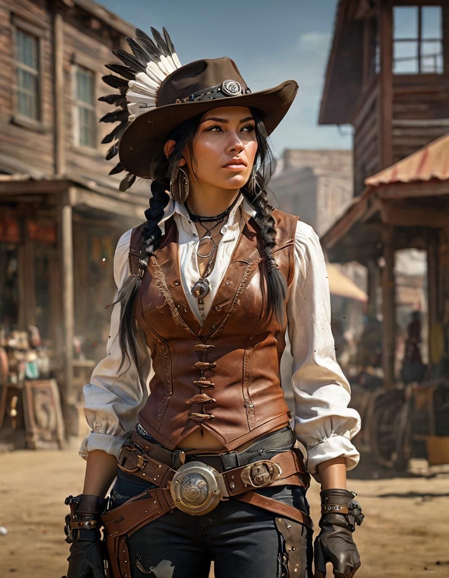 Native American Gunslinger in Steampunk Wild West