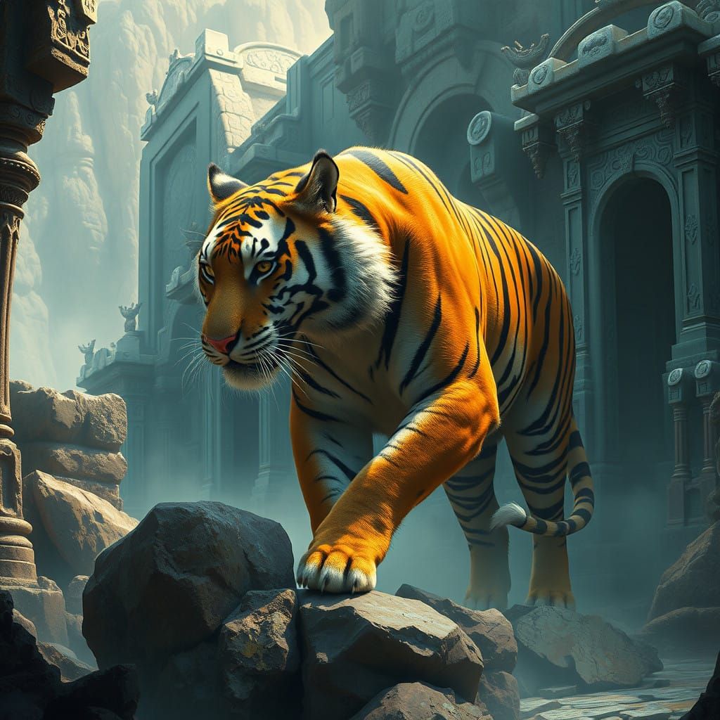 Surreal Tiger Unveils Mystical Jasper Ruins in Vibrant Fanta...