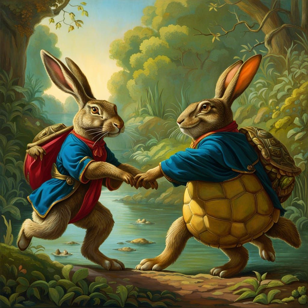 Rabbit and Turtle Run Marathon: Hyperrealistic Art