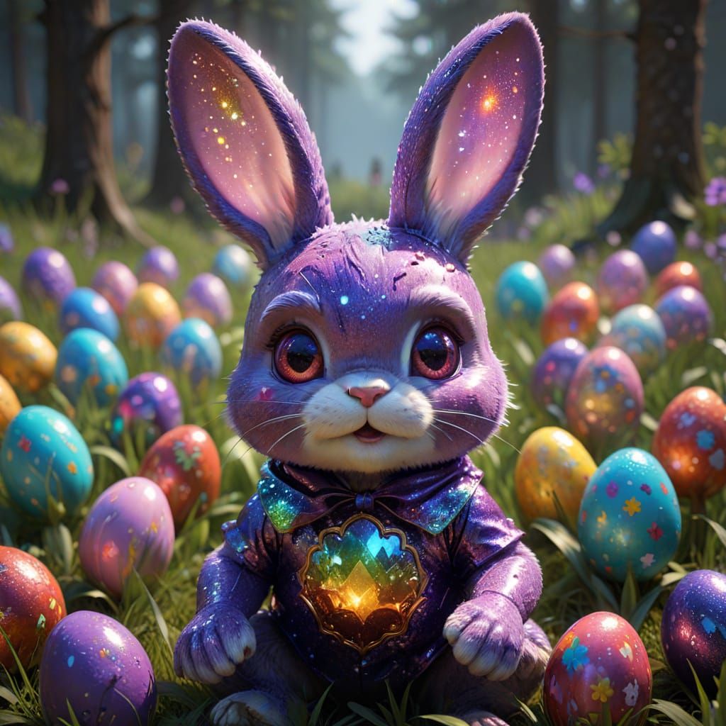 Gothic Chibi Easter Bunny in Candy Core Style with Rainbow O...