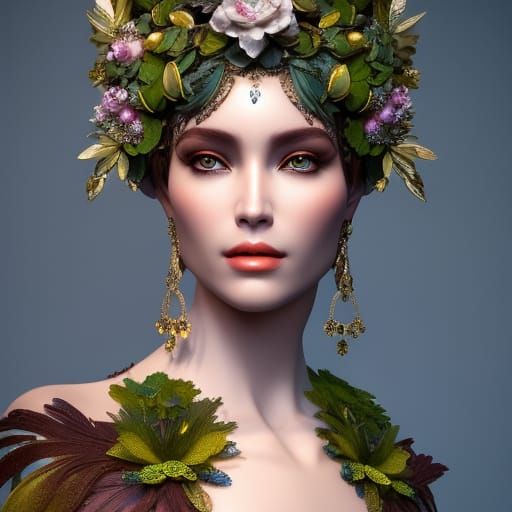 Nature Goddess with Floral Dress, Digital Art