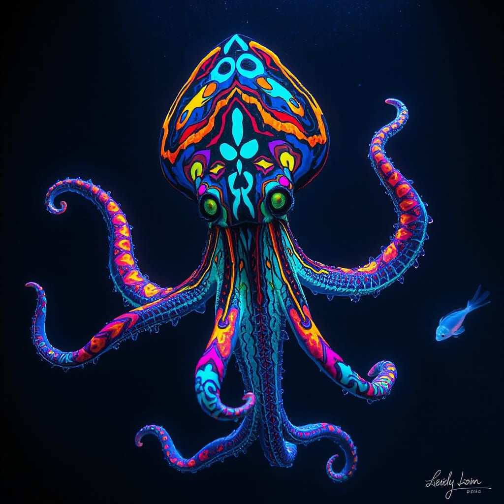 Luminous Graffiti Squid in an Underwater Art Gallery