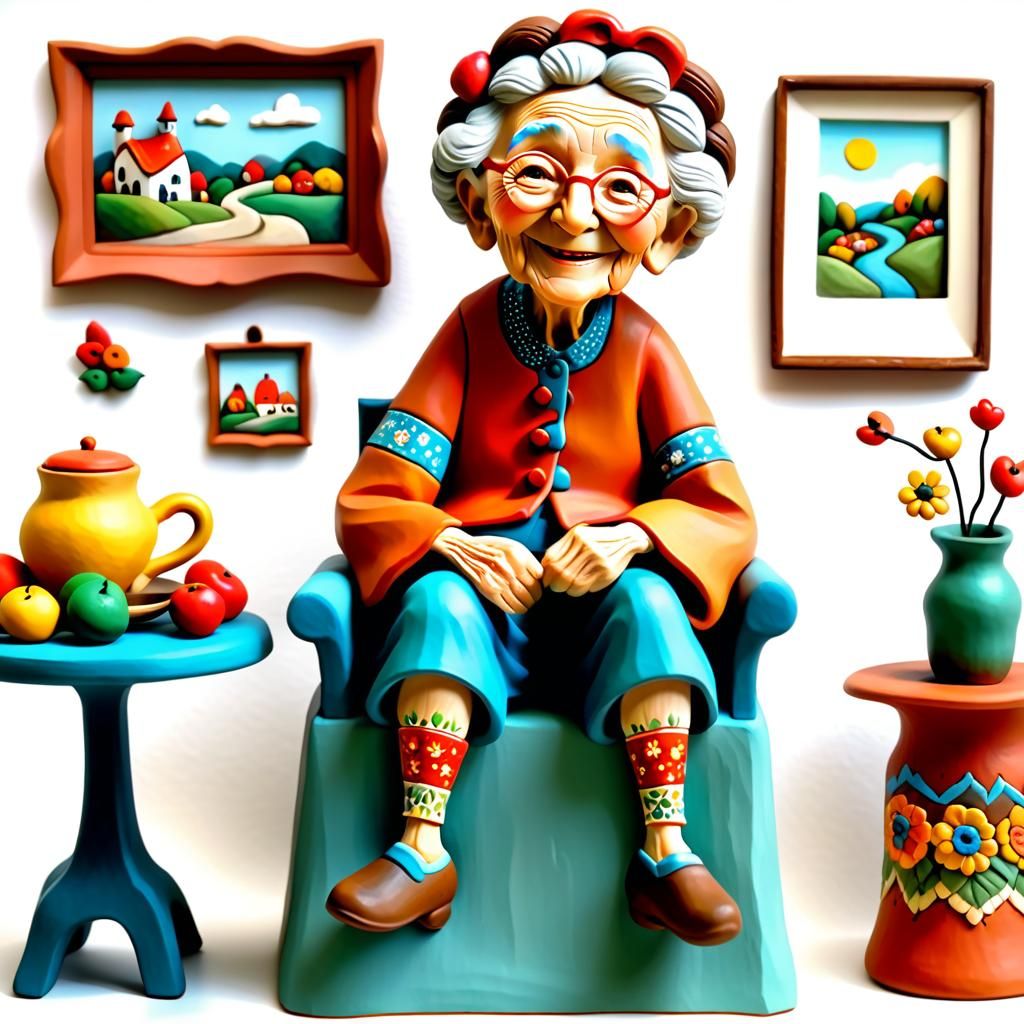 whimsical folk art, happy sweet granny sitting on chair