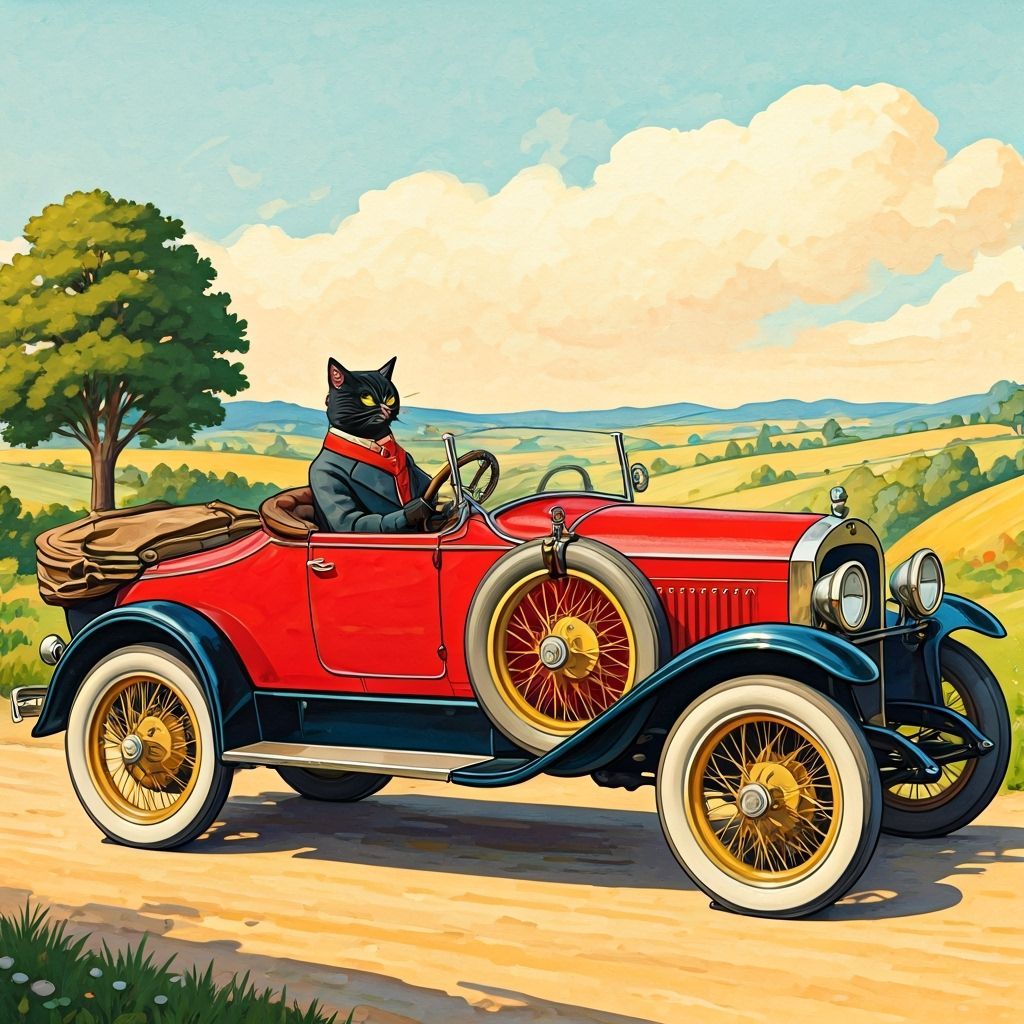 Anthropomorphic Cat Drives Vintage Car in 1920s Style