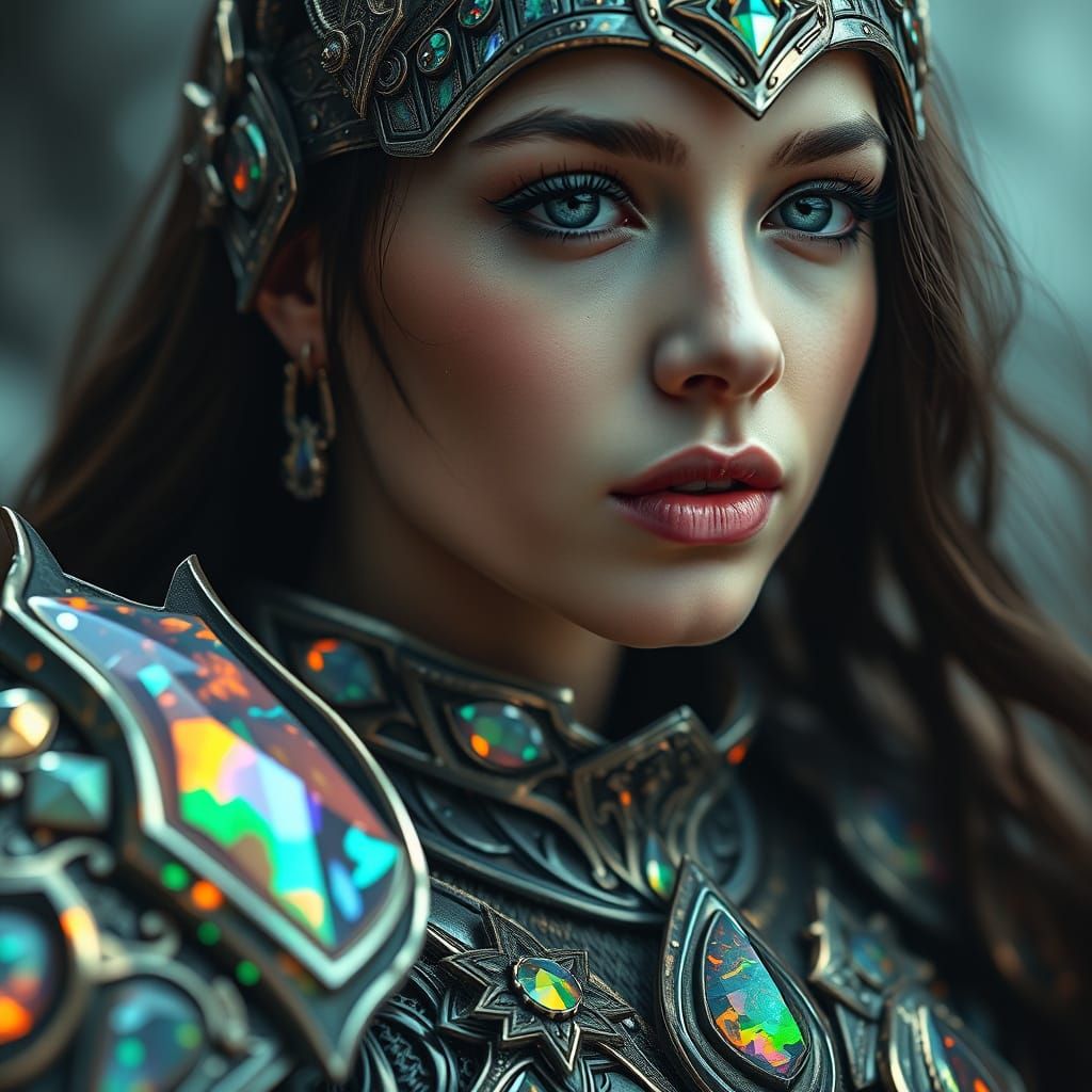 Opalescent Armor Portrait of a Radiant Woman