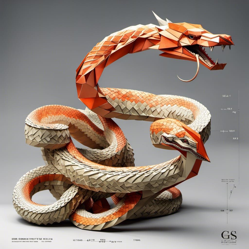 Origami of adorable anthropomorphic giant hydra snake in a 3d blueprint page,Greg Rutkowski, WLOP, Yoshikata Amano, Edwi...