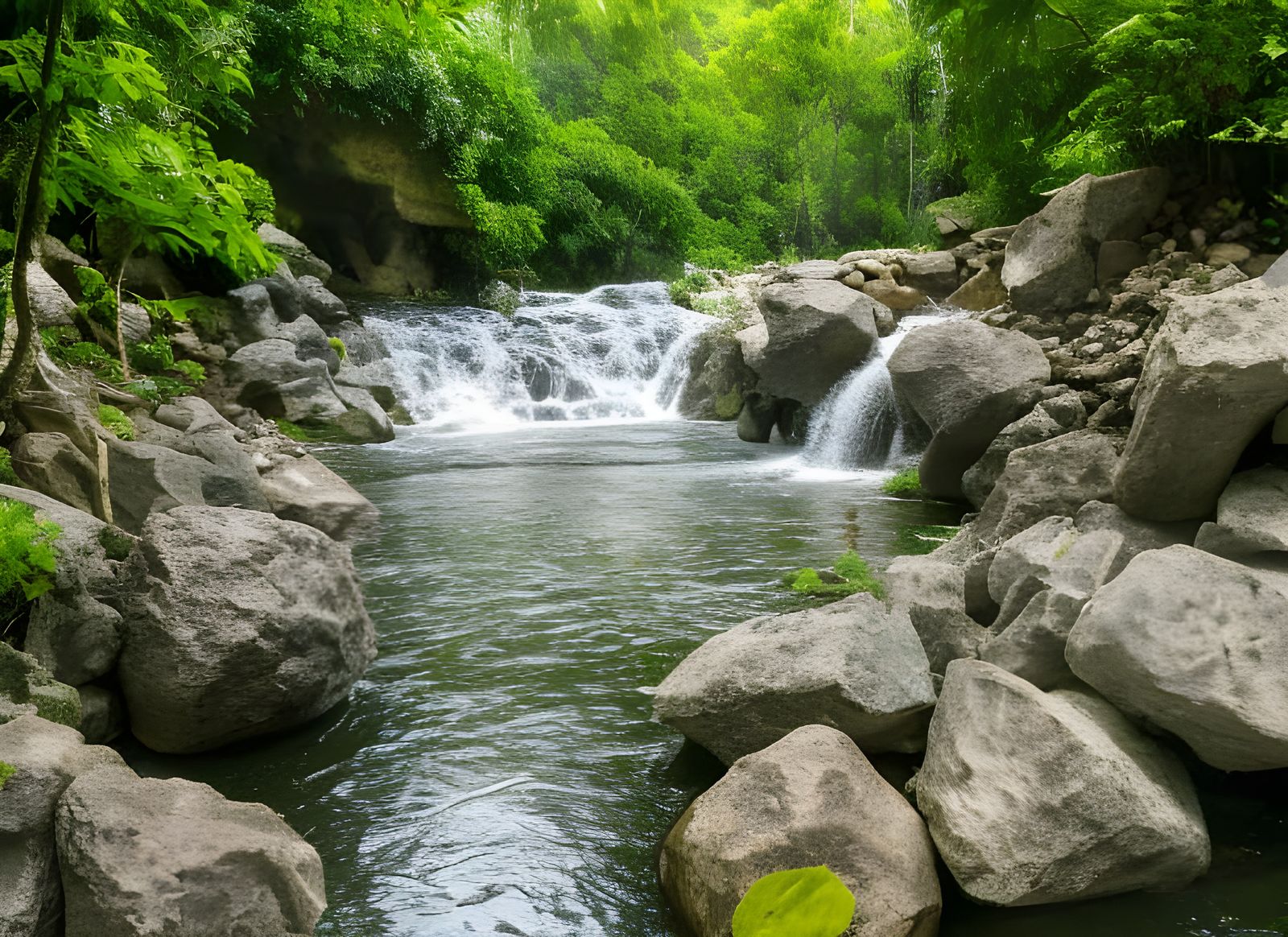 Lush Jungle Waterfall and River Scene