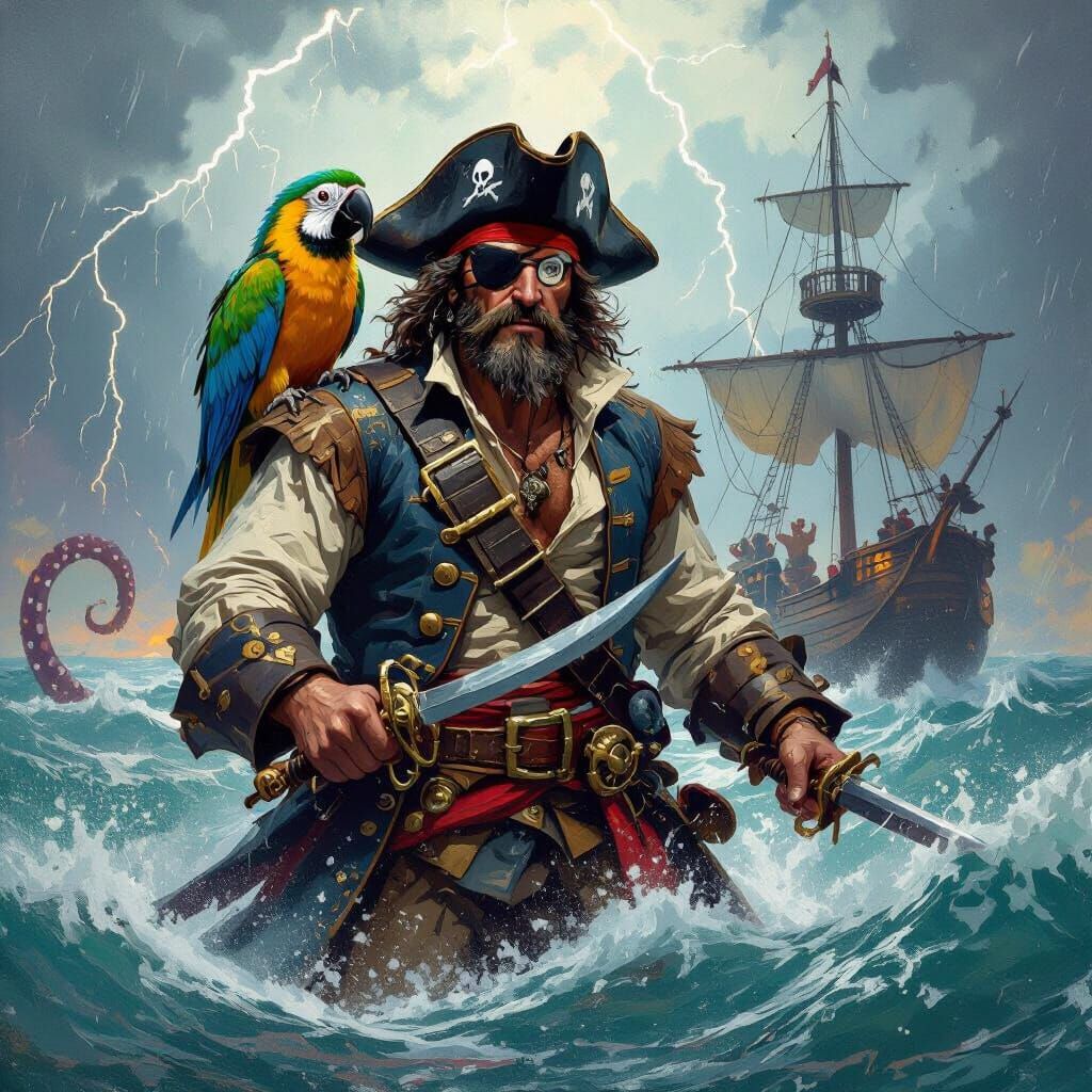 Pirate Captain and Sword-Wielding Parrot in Stormy Battle