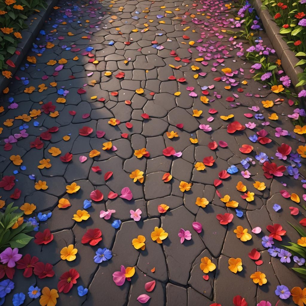 flower petals on the ground making a walkway for people to walk on