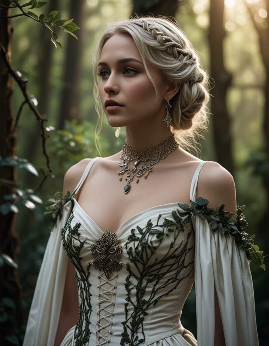 Regal Woman in Enchanted Forest Dusk Portrait