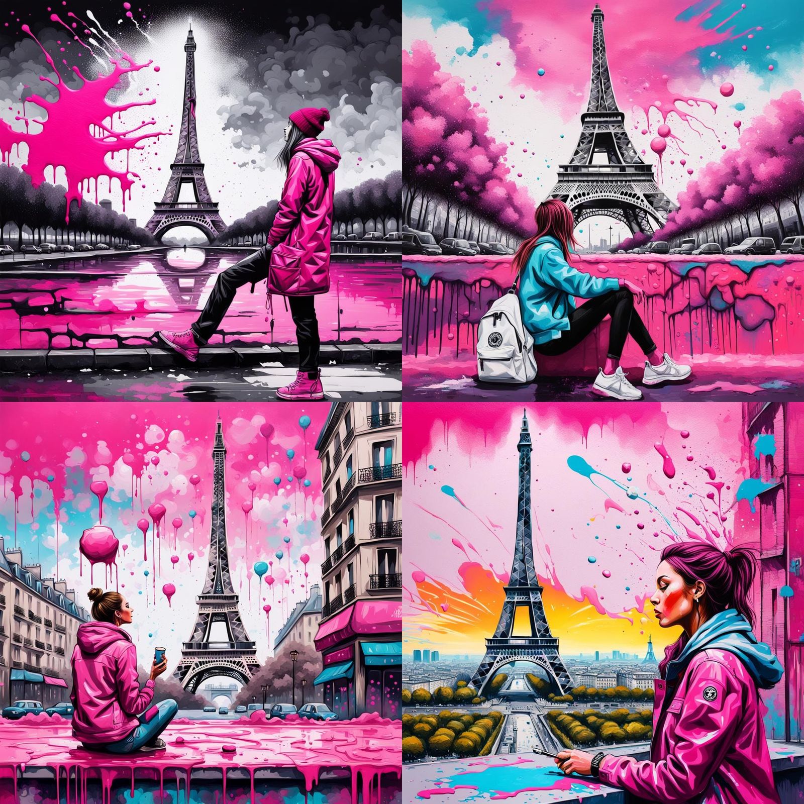 Dreamy Girl and Eiffel Tower Graffiti Art
