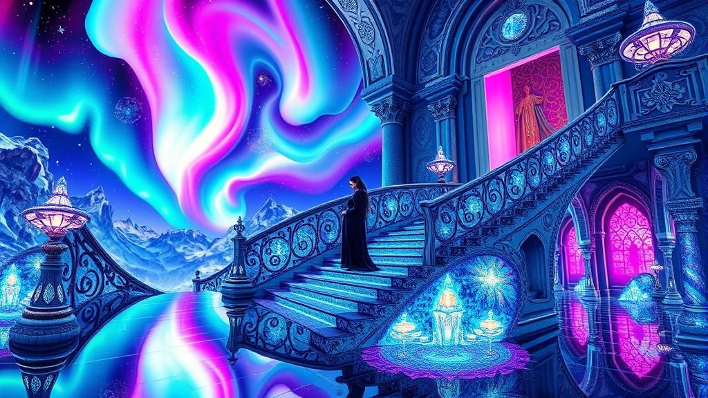 Mystical Sorceress in Kaleidoscopic Temple Under Aurora
