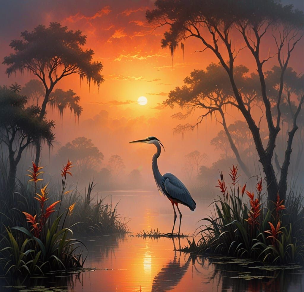 Heron Feeding in Foggy Everglades Nighttime Scene