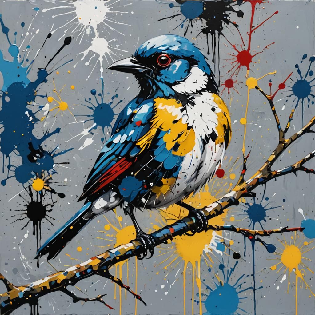 An abstract painting depicts a bird perched on a branch, rendered in rich and vibrant colors including yellow, white, bl...