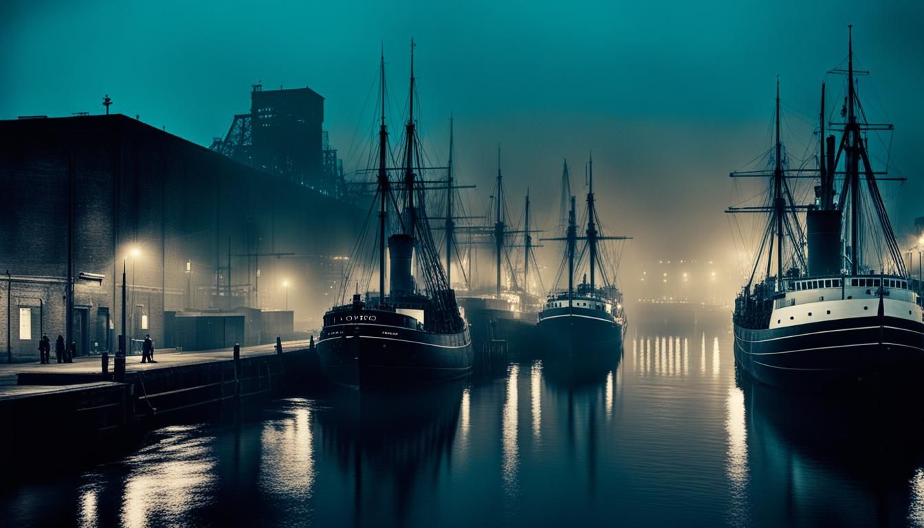 Gritty Victorian Docks at Night in Duotone