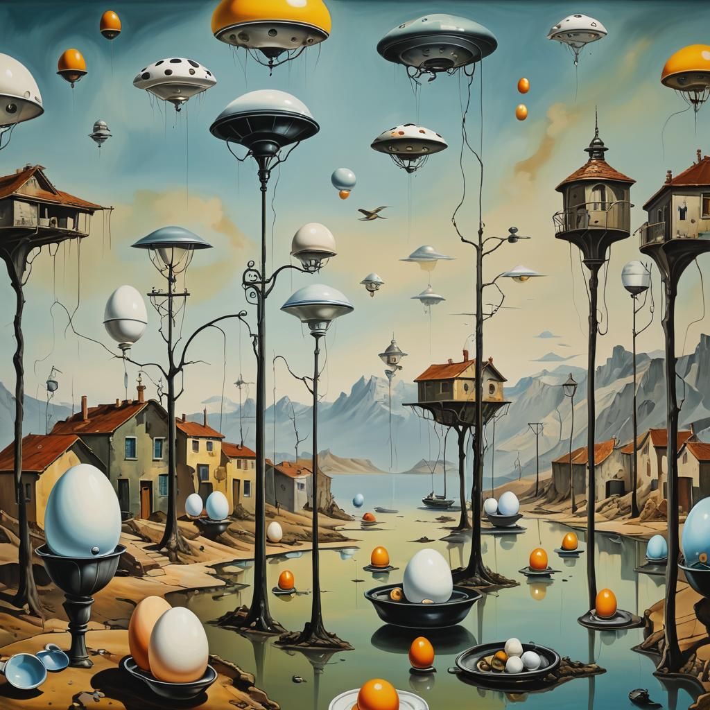 Surreal Village with Eggs and Hovercraft