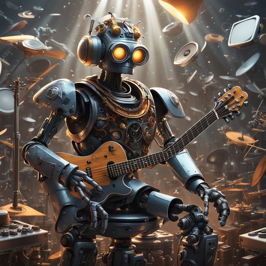 Robot Musician Playing Guitar Clip-Art Style