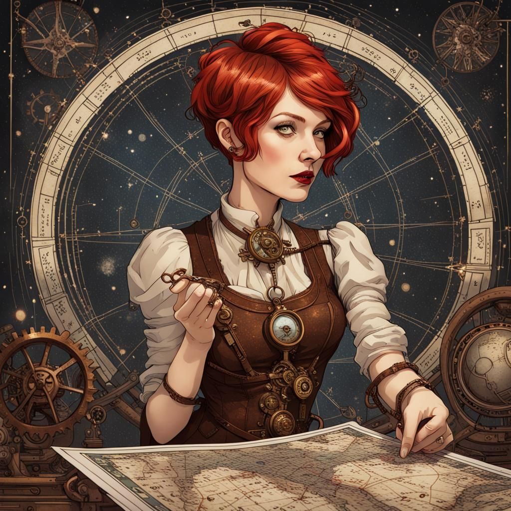 Steampunk Woman with Tarot Card and Star Map
