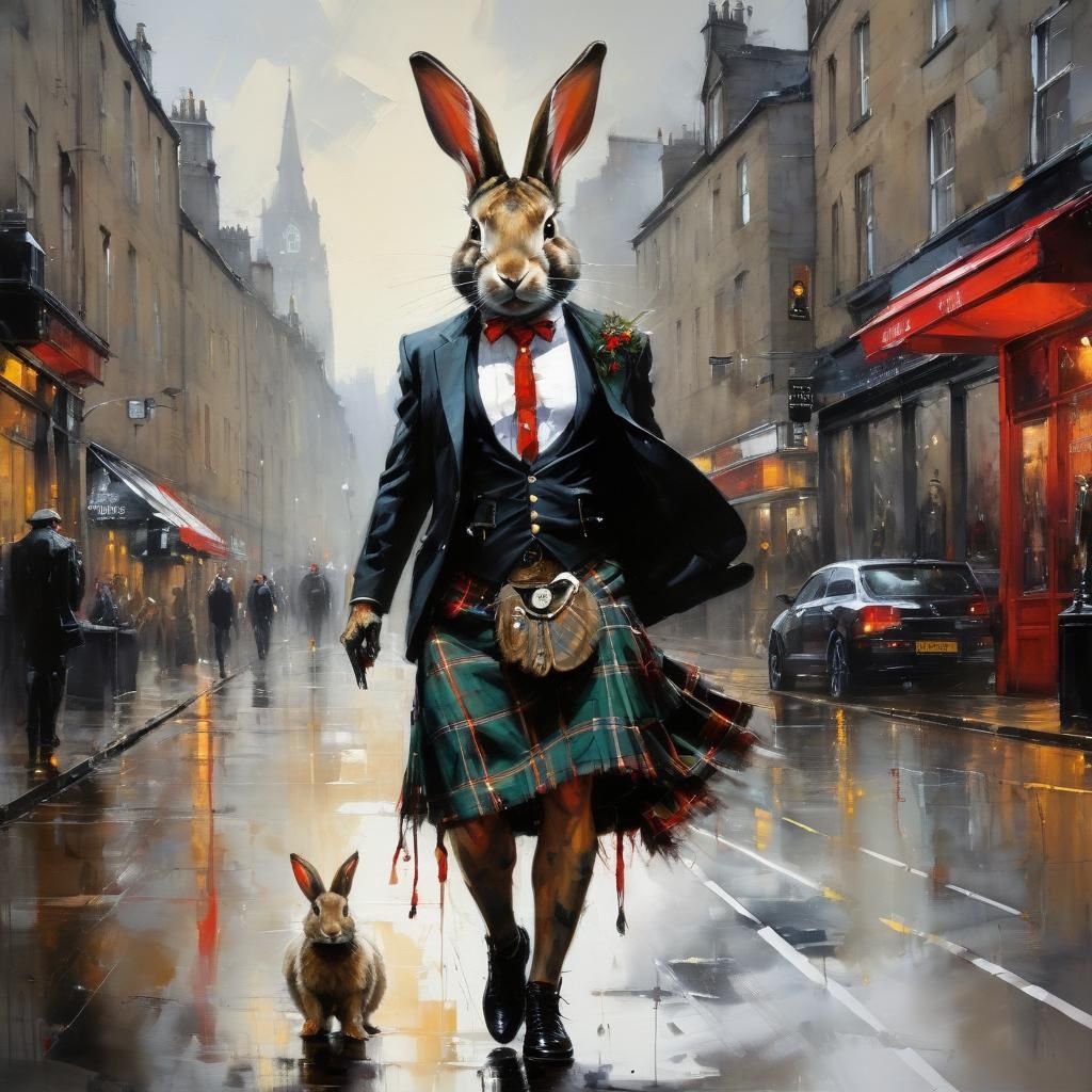 Tartan Rabbit in Edinburgh, Alcohol Ink Style