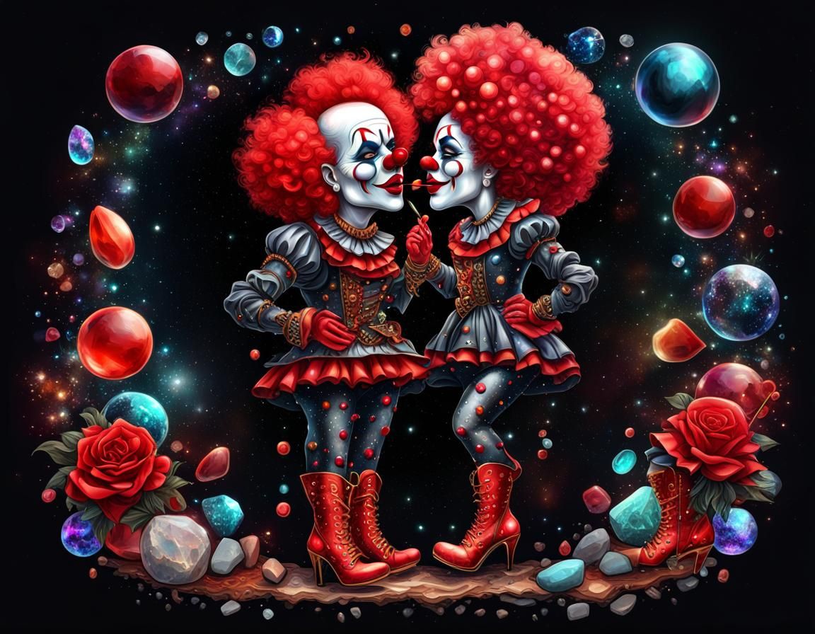 Kissing Clowns in Cosmic Vector Art Style