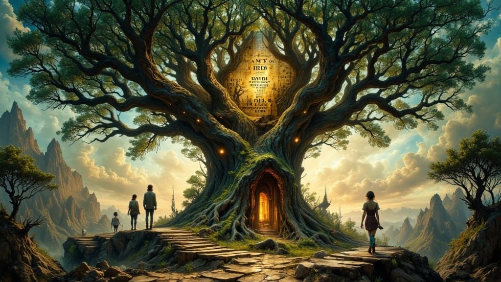 Ancient Tree Cathedral City with Glowing Runes