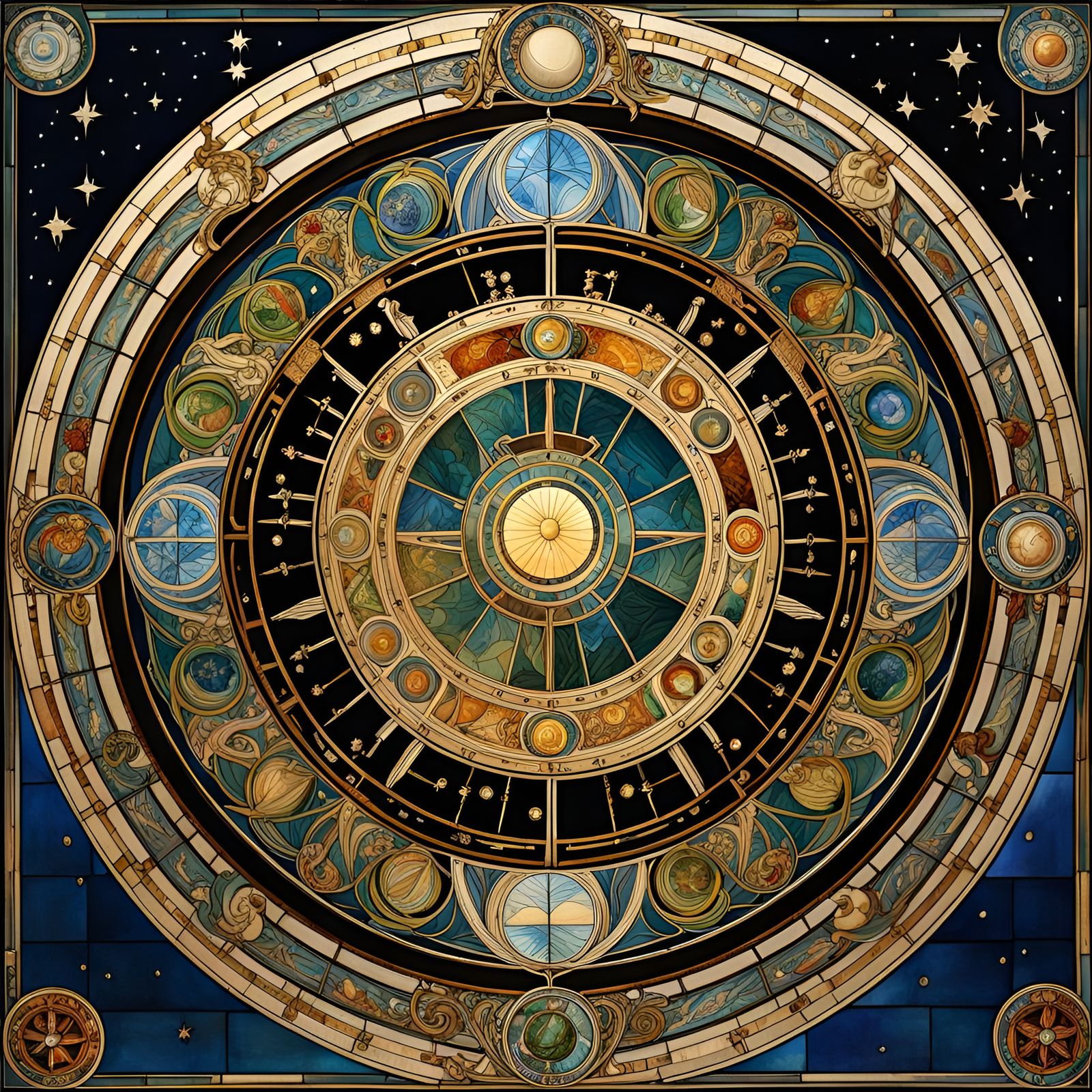 Intricate Astrological Mandala in Art Nouveau Style