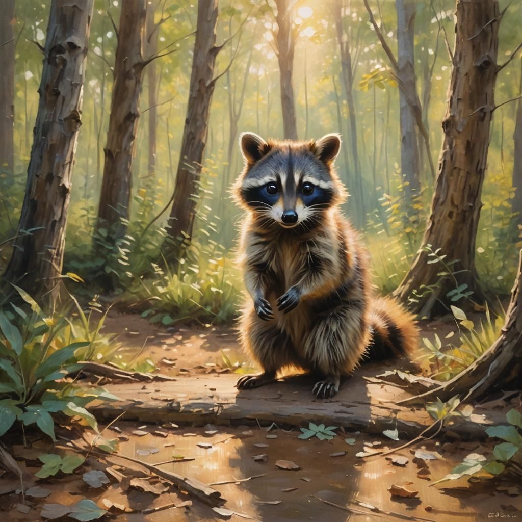 Baby Raccoons Play in Sunlit Forest, Impressionist Oil Paint...