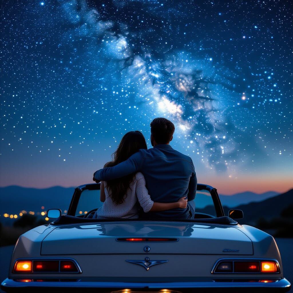 Couple Gazing at Stars in Moody Cinematic Night Sky