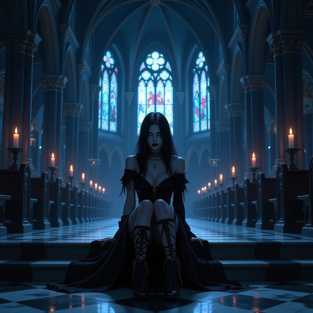 Goth Girl in Shadowy Cathedral with Stained Glass