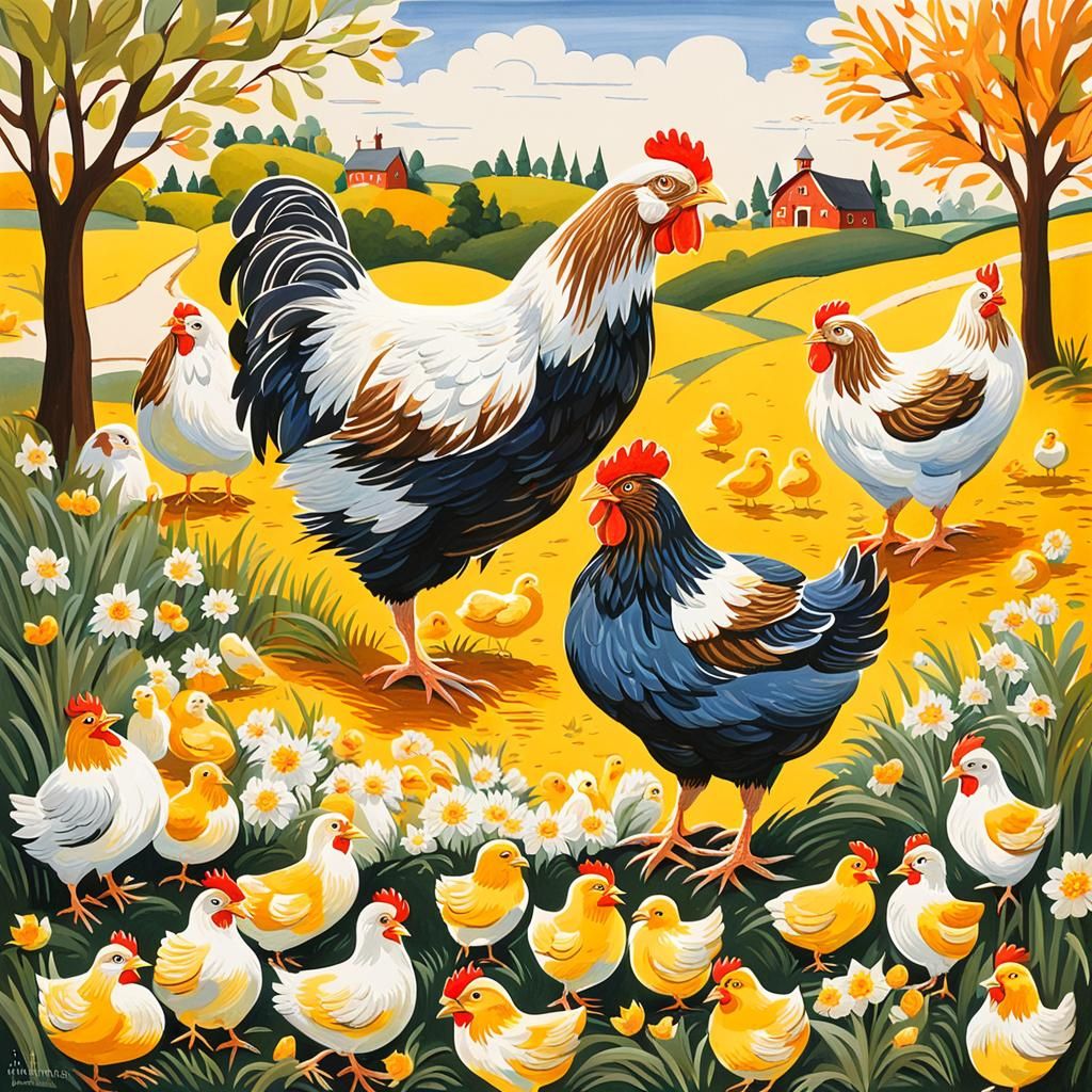 Mother Hen and Chicks: A Gouache Painting