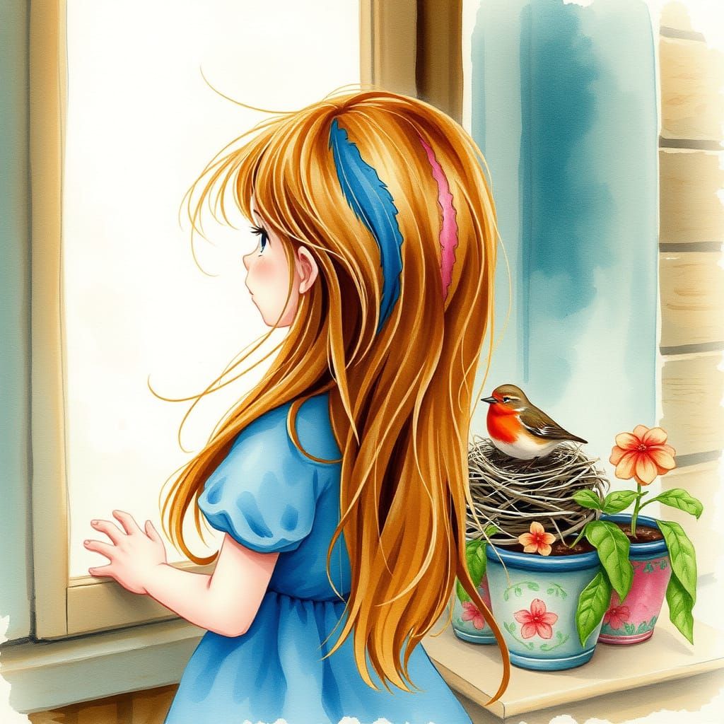 Dreamy Watercolor Girl Watches Robin by Window