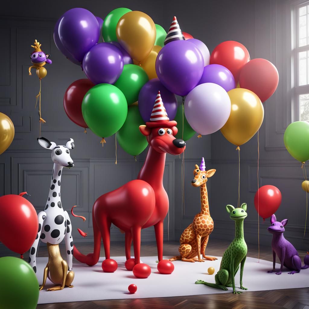 Balloon Animal Party in White Void, Matte Painting