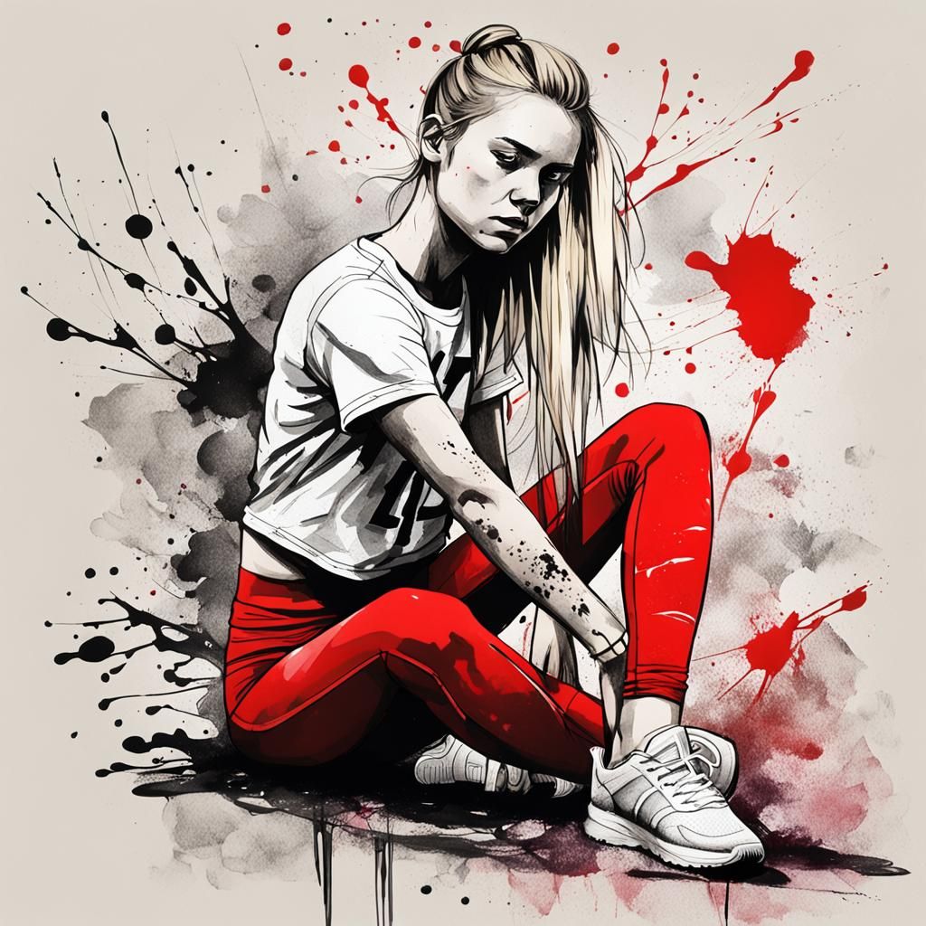 Moody Ink Sketch of Girl in Red Leggings