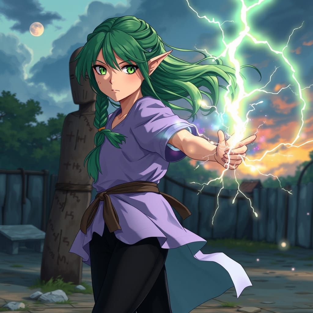 Mystical Mage Channels Lightning in Vibrant Anime Landscape