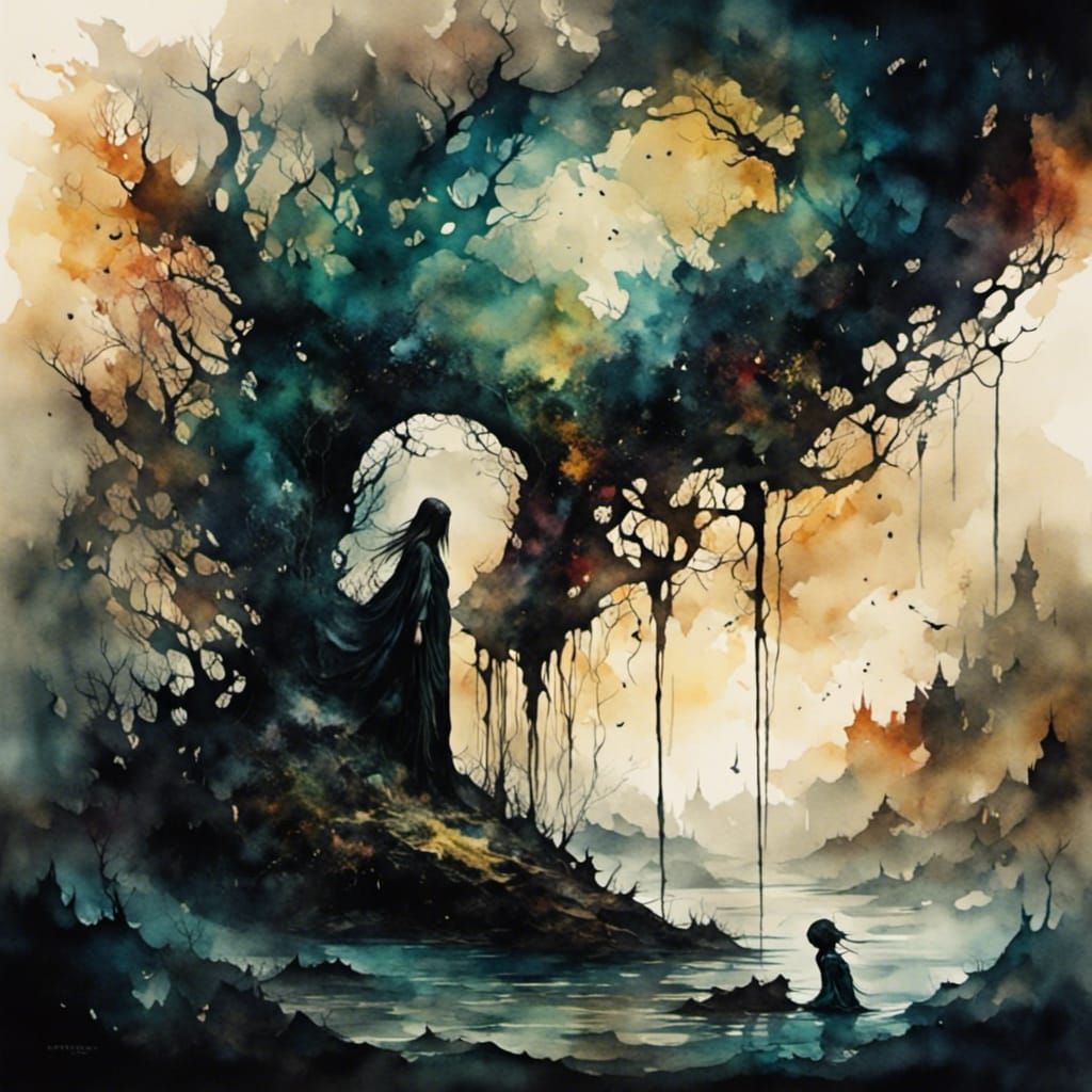 Dark Surreal Fantasy Dreamscape in Antique Watercolor