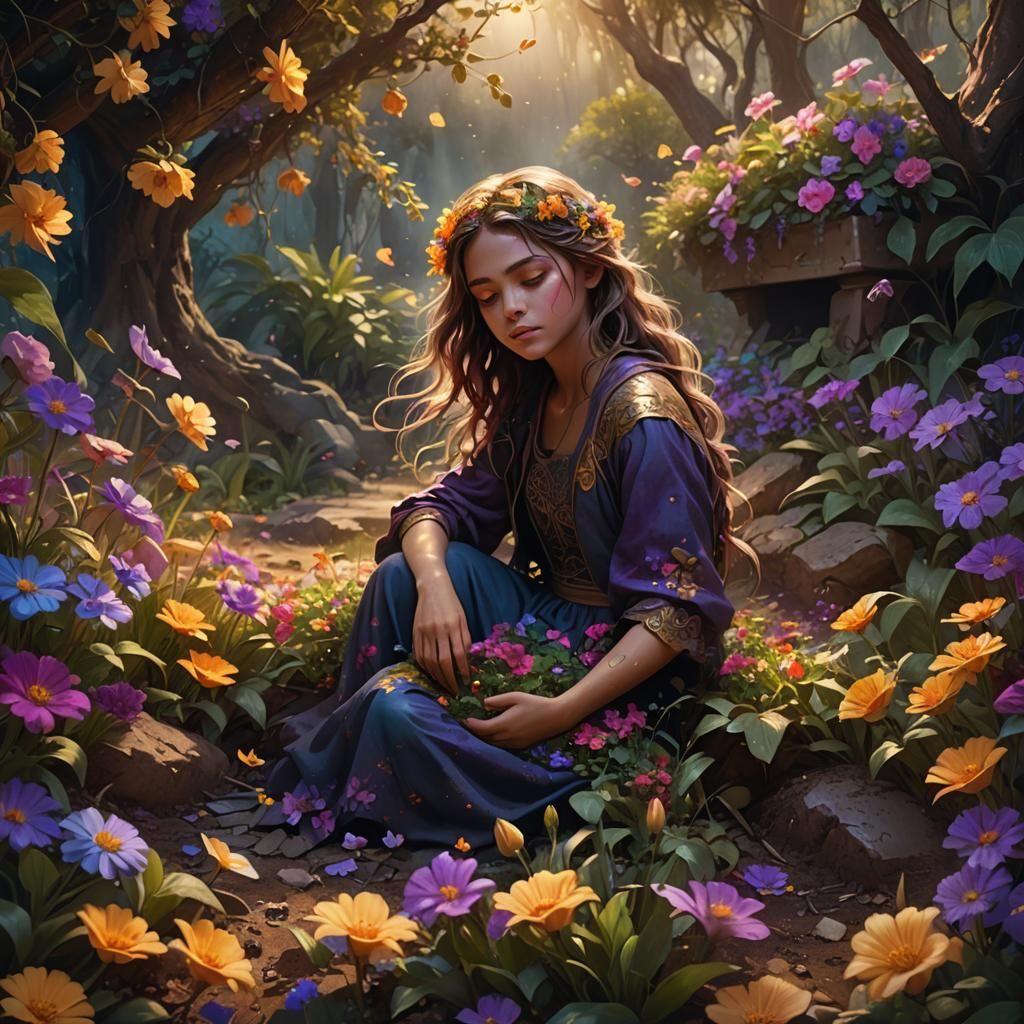 Girl Buried in Blooming Garden: Fantasy Concept Art