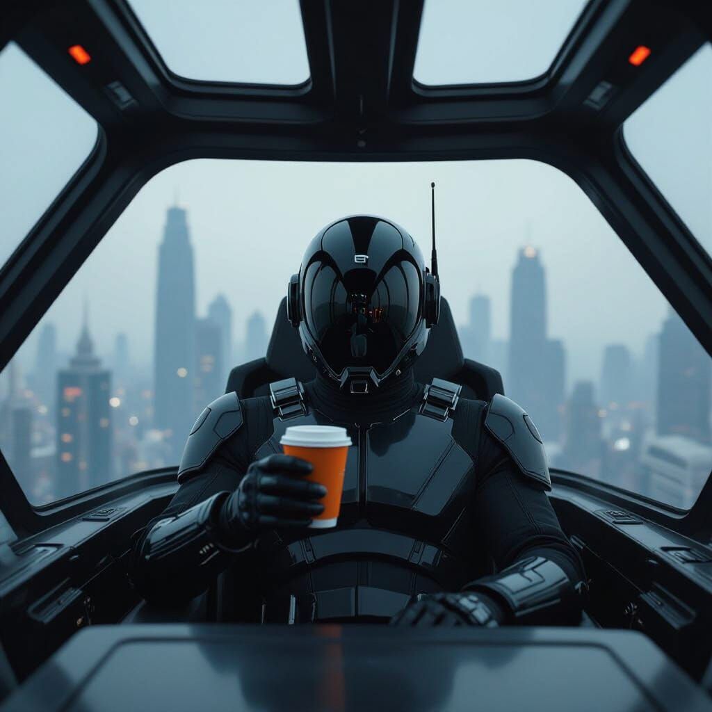 Man in Futuristic Spacesuit with Coffee Soars Over City