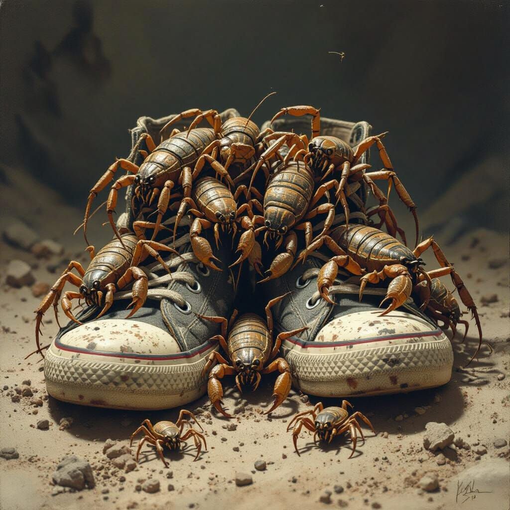 Scorpions Roaming Soiled Sneakers in Dark Realism