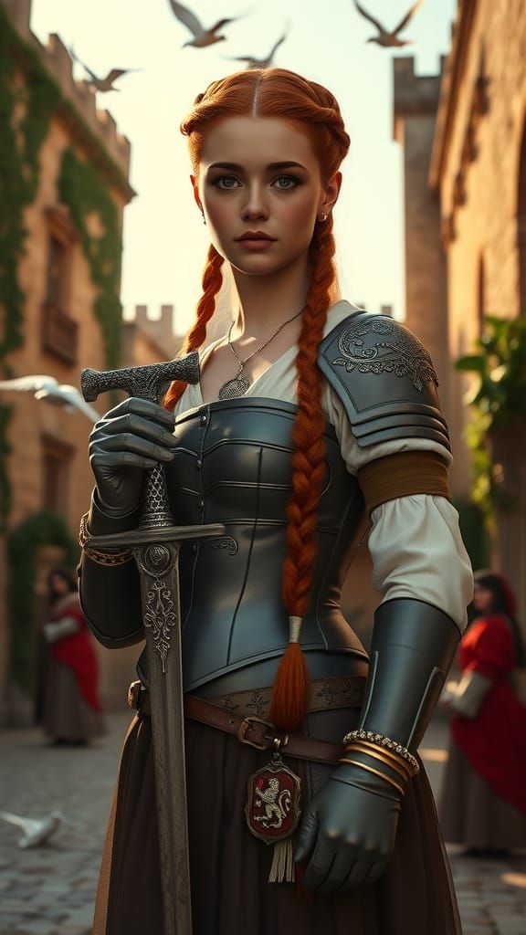 Renaissance Noblewoman in Copper-Red Braids and Steel Corset