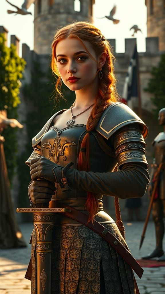 Confident Noblewoman in Renaissance Castle Courtyard