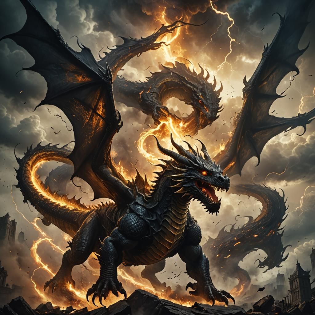 Demon Dragon Soaring Through War-Torn Sky